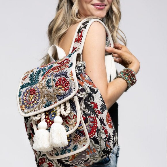 Handmade Boho Chic Backpack - Charming Jacquard Flower Pattern - Fine Cotton - Picture 5 of 11